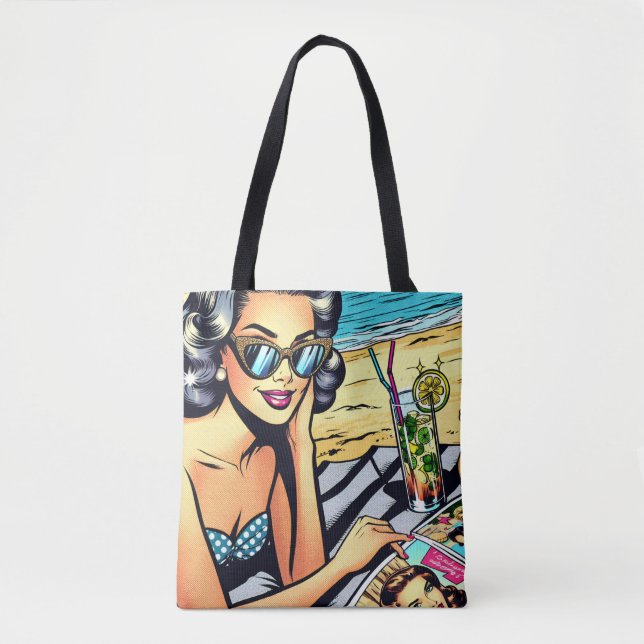 Schöne Retro Lady am Strand mit Cocktail (Vorderseite)