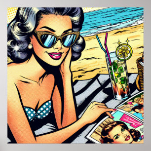 Schöne Retro Lady am Strand mit Cocktail Poster