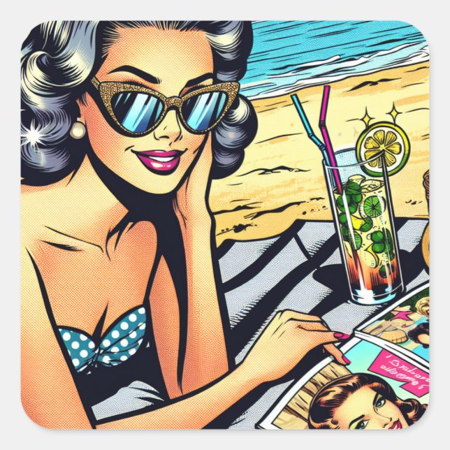 Schöne Retro Lady am Strand mit Cocktail Quadratischer Aufkleber (Vorderseite)