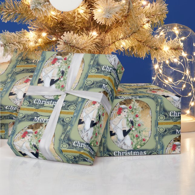 Schöne Retro Lady und Weihnachtsbaum Geschenkpapier (Feiertage)