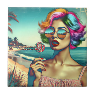 Schöne Retro-Pop-Art-Frau mit Lutscher Fliese