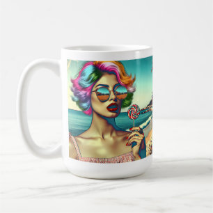 Schöne Retro-Pop-Art-Frau mit Lutscher Kaffeetasse