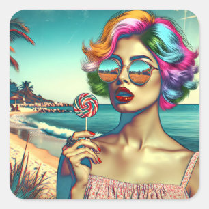 Schöne Retro-Pop-Art-Frau mit Lutscher Quadratischer Aufkleber
