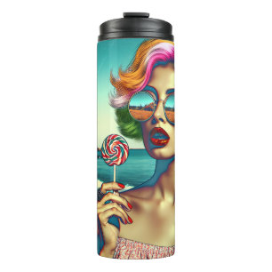 Schöne Retro-Pop-Art-Frau mit Lutscher Thermosbecher
