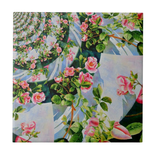 Schöne Retro-Rosa rote Rosen Aquarellblüte Fliese (Vorderseite)