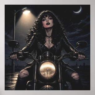 Schöne romantische gotische Frau auf Motorrad Poster