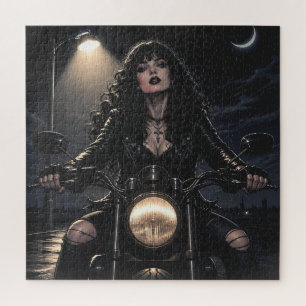 Schöne romantische gotische Frau auf Motorrad Puzzle