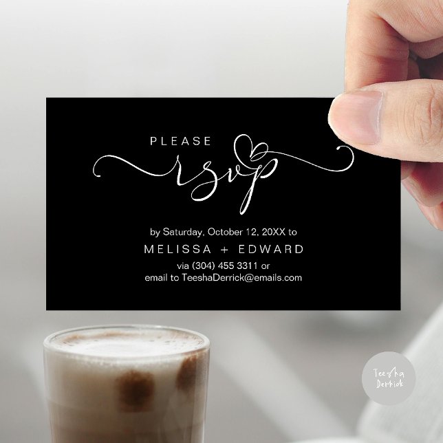 Schöne romantische Hochzeit lädt RSVP Card ein Begleitkarte (Wedding invitation RSVP via Phone or email respond reminder Enclosure Card in aesthetic Black White)