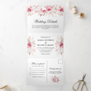 Schöne rosa Aquarell-Blumen-Hochzeit Tri-Fold Dreifach Gefaltete Einladung