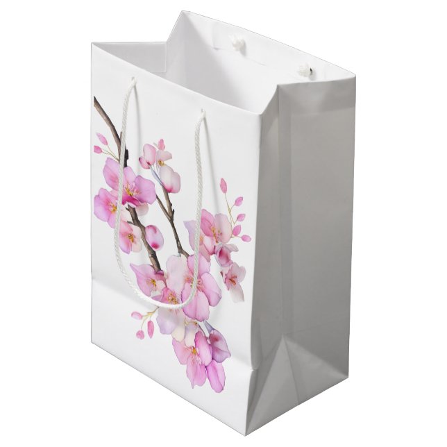 Schöne Rosa Aquarellkirsche Sakura Blüten Mittlere Geschenktüte (Vorderseite Schrägansicht)