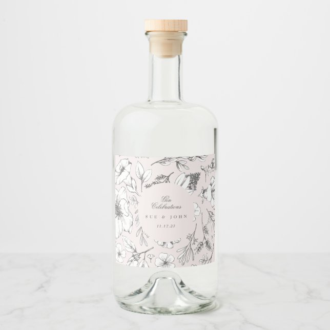 Schöne rosa Bläschen-Monogramm-Hochzeit Alkoholflaschenetikett (Vorderseite)