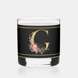 Schöne rosa Blume dekoriert Gold Monogram G Whiskyglas