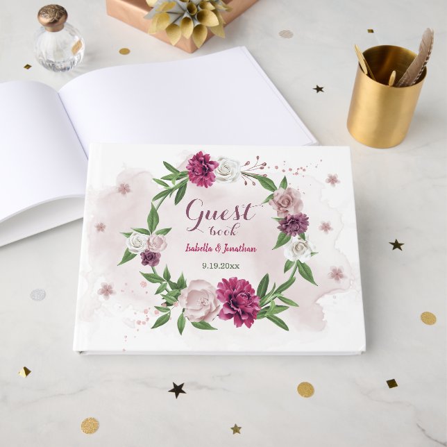 schöne, rosa Blume mit bordeauxfarbenen Pflanzen Gästebuch (Vorderseite Offen)