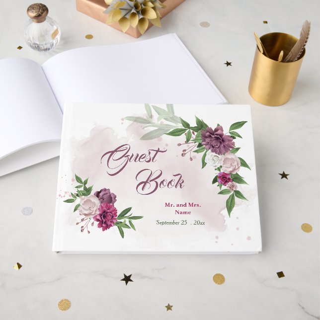 schöne, rosa Blume mit bordeauxfarbenen Pflanzen Gästebuch (Vorderseite Offen)