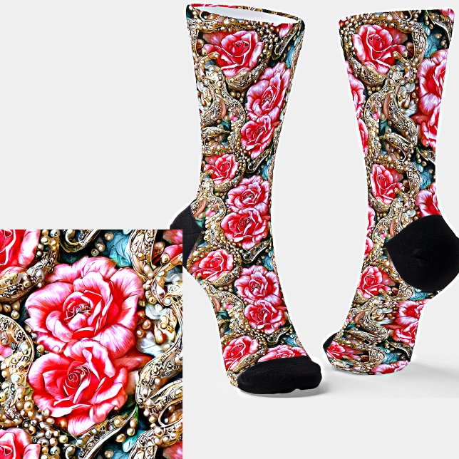 Schöne rosa Blume & Perlen Metallischer 3D-Effekt Socken (Von Creator hochgeladen)