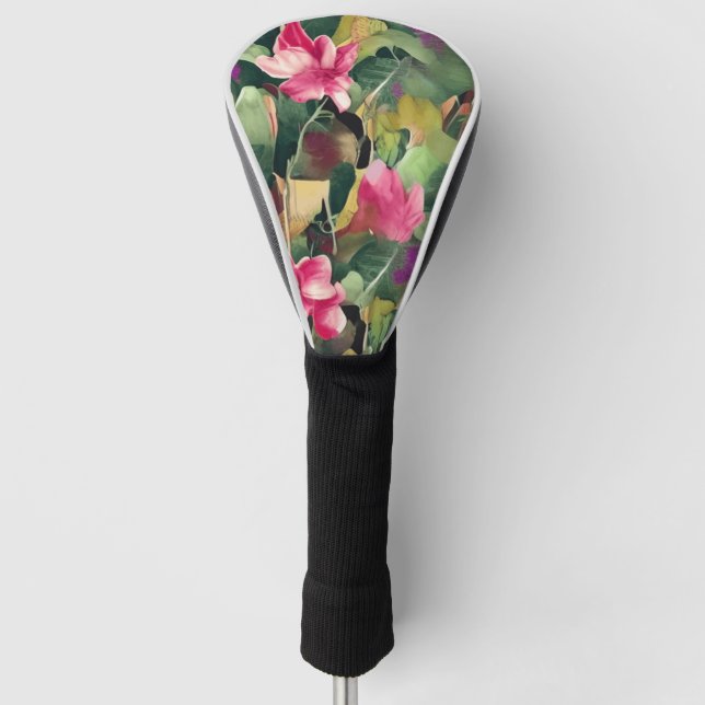 Schöne rosa Blume und tropisches Leaf-Muster Golf Headcover (Vorderseite)