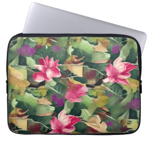 Schöne rosa Blume und tropisches Leaf-Muster Laptopschutzhülle