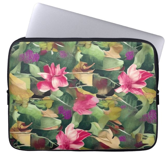 Schöne rosa Blume und tropisches Leaf-Muster Laptopschutzhülle (Vorderseite)