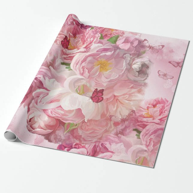 Schöne rosa Blumen Garten Geschenkpapier (Ungerollt)