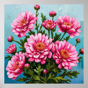 Schöne rosa Blumen mit grünen Blättern Poster