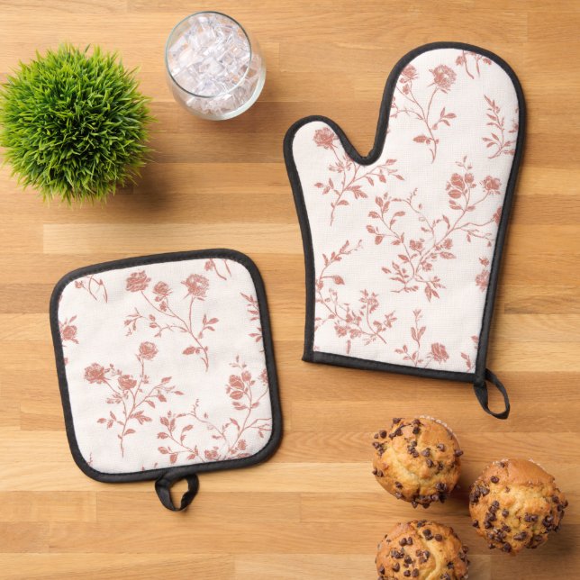 Schöne rosa Blumen Ofenhandschuh & Topflappen-Set (Oben Unten)