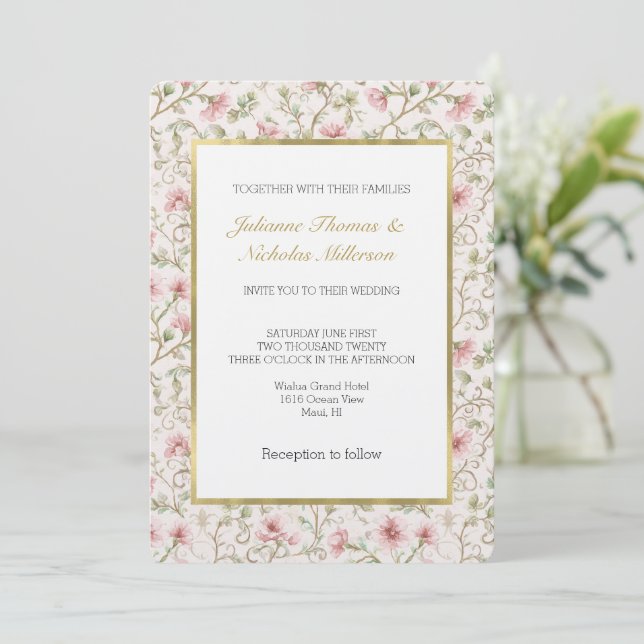 Schöne rosa Blumen Romantische Hochzeit Einladung (Stehend Vorderseite)