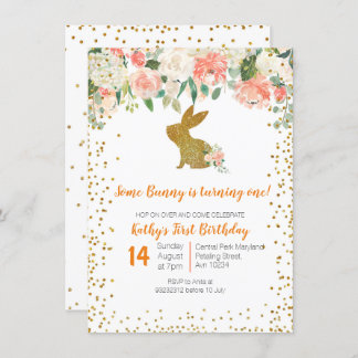 Schöne rosa Blumenbunny 1. Geburtstag Einladung