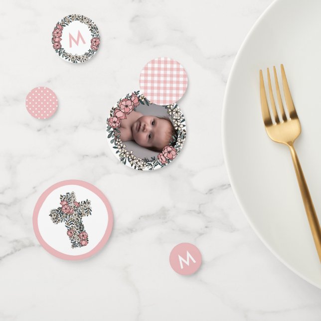 Schöne rosa Blumenrahmen Cross Foto Taufe Konfetti (Gruppe)