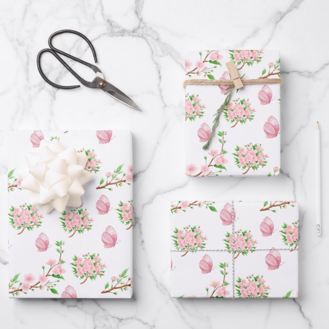 Schöne rosa Blüten und rosa Schmetterlinge Geschenkpapier Set (Vorderseite)