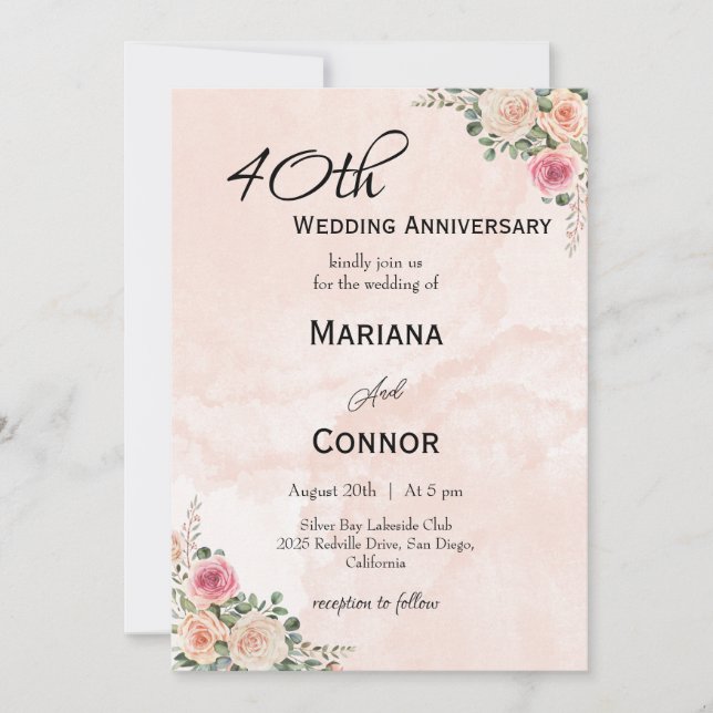 Schöne rosa Creme florale Hochzeit Jahrestag Einladung (Vorderseite)