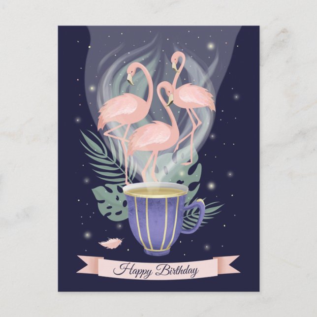 Schöne rosa Flamingo Tea Time Postkarte (Vorderseite)