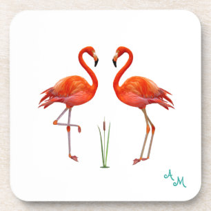 Schöne rosa Flamingo Vögel & Monogram auf Weiß Getränkeuntersetzer