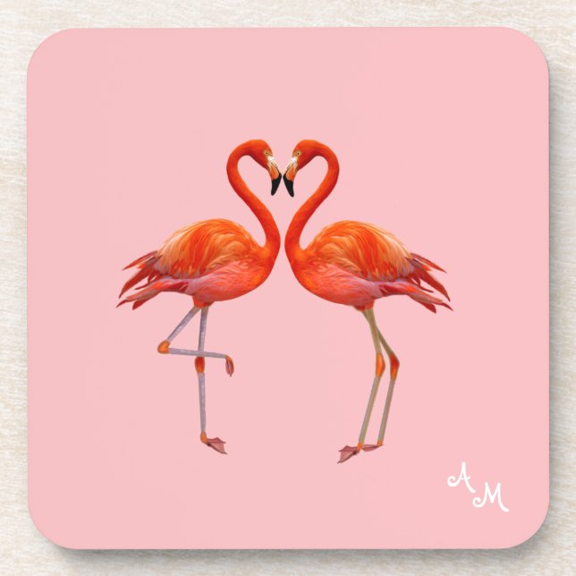 Schöne rosa Flamingos und Monogramm auf hellrosa Getränkeuntersetzer (Vorderseite)