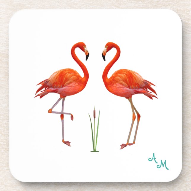 Schöne rosa Flamingovögel & Monogramm auf Weiß Getränkeuntersetzer (Vorderseite)