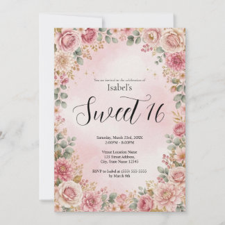 Schöne rosa florale Sweet 16 Party-Einladung Einladung