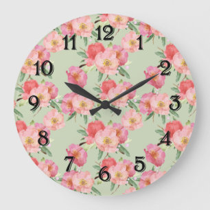 Schöne rosa Gartenblumen Aquarell Große Wanduhr