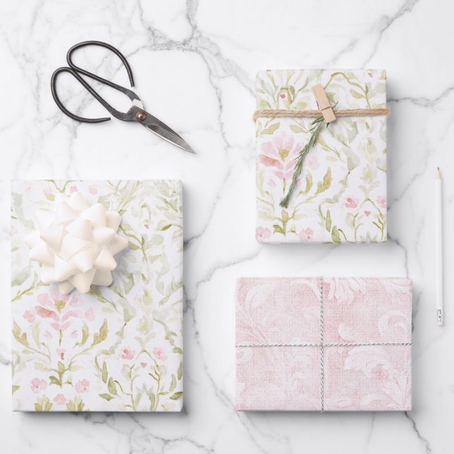 Schöne rosa grüne Blumen-Brautparty Geschenkpapier Set (Vorderseite)