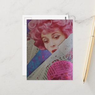 Schöne rosa Haare Retro-Dame Mixed Media Collage Postkarte