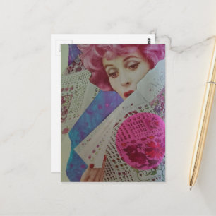 Schöne rosa Haare Retro-Dame Mixed Media Collage Postkarte