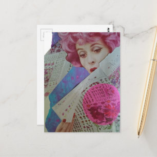 Schöne rosa Haare Retro-Dame Mixed-Media-Collage Postkarte
