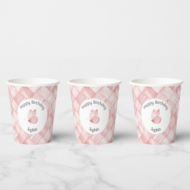 Schöne rosa Korbgeflecht-Schmetterling Geburtstag Pappbecher (Multi)