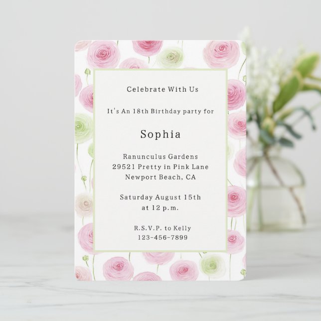 Schöne rosa Minze Ranunculus Geburtstag   Einladung (Stehend Vorderseite)