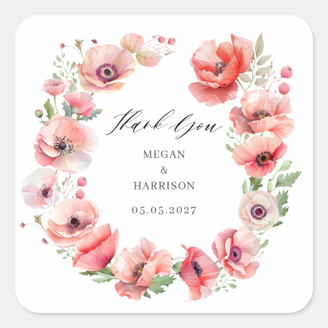 Schöne rosa Mohnblume Blume Danke Square Quadratischer Aufkleber (Vorderseite)