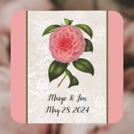 Schöne rosa Peony auf Lacey Blick Damask und Name Rechteckiger Pappuntersetzer