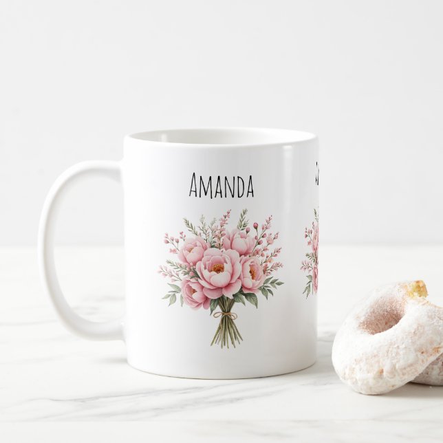 Schöne rosa Pfingstrosen-Blumenstrauß Kaffeetasse (Mit Donut)