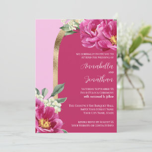 Schöne rosa Pfingstrosen mit Gold auf rosa Hochzei Einladung