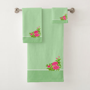 Schöne rosa Pfingstrosenblüten & Olivgrün Badhandtuch Set