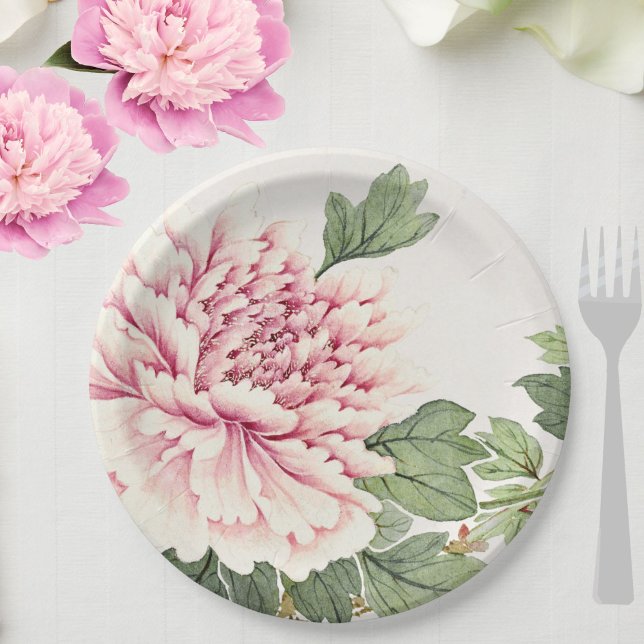 Schöne Rosa Pink Peony Romantische Blume Pappteller (Pretty pink peony floral paper plates to grace your wedding, shower or special event.)