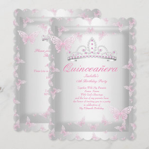 Schöne rosa Quinceanera-Party-Tiara-Schmetterling Einladung