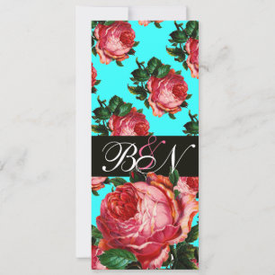 SCHÖNE ROSA ROSE AQUA BLAU TÜRKIS BLUMEN MONOGRAMM EINLADUNG